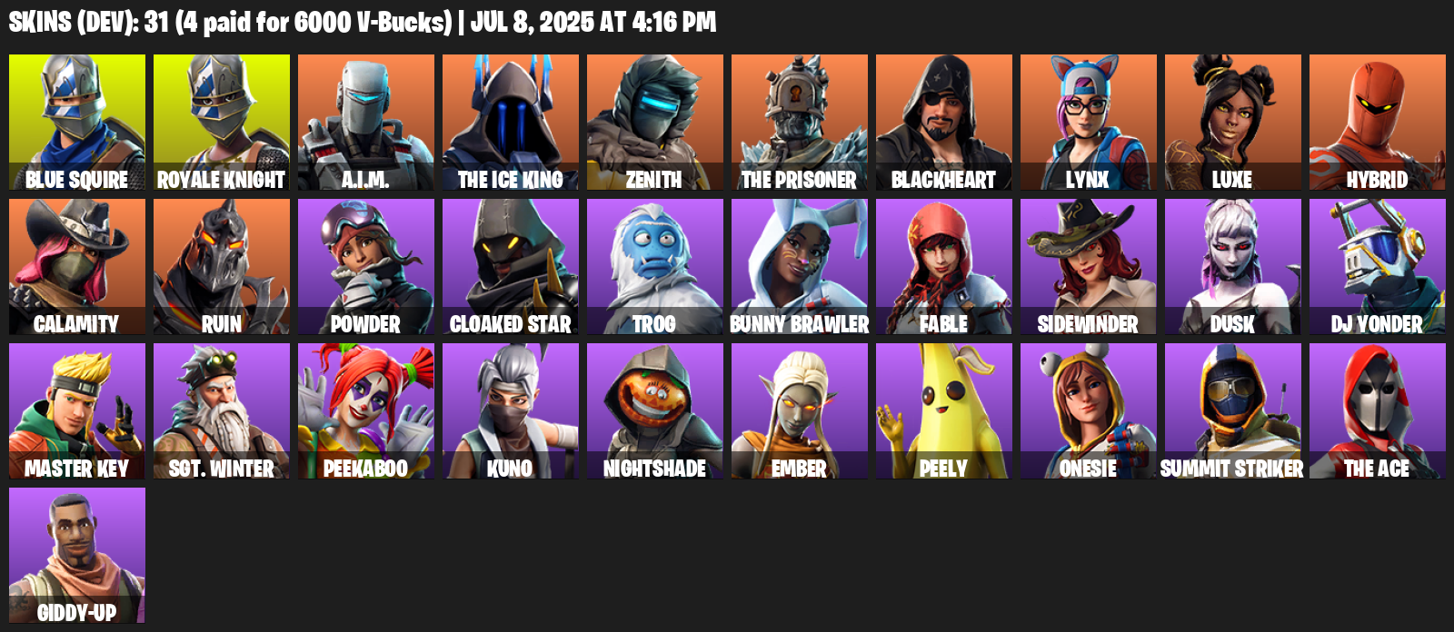 Fortnite Account ( PLAYSTATION / XBOX / PC ) (Floss, Royale Knight, Blue Squire, A.I.M., The Ice King, Zenith, The Prisoner, Blackheart, Lynx, Luxe) (31 Skins)