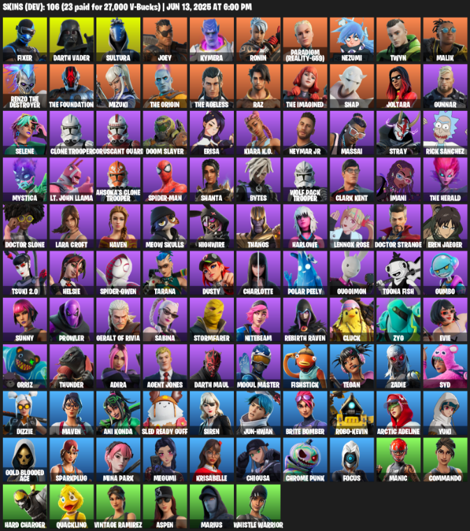 Fortnite Account ( PC / XBOX ) (Leviathan Axe, Lara Croft, Fixer, Darth Vader, Sultura, Joey, Kymera, Ronin, Paradigm (Reality-659), Nezumi, Twyn) (106 Skins)