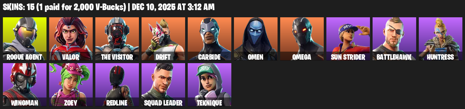 Fortnite Account ( PLAYSTATION / XBOX / PC ) (Omega, Rogue Agent, Valor, The Visitor, Drift, Carbide, Omen, Sun Strider, Battlehawk, Huntress, Wingman) (15 Skins)
