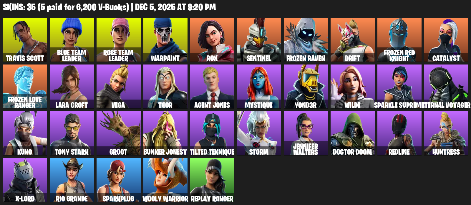 Fortnite Account ( PC / XBOX ) (OG STW, Travis Scott, Lara Croft, Blue Team Leader, Rose Team Leader, Warpaint, Rox, Sentinel, Frozen Raven) (35 Skins)