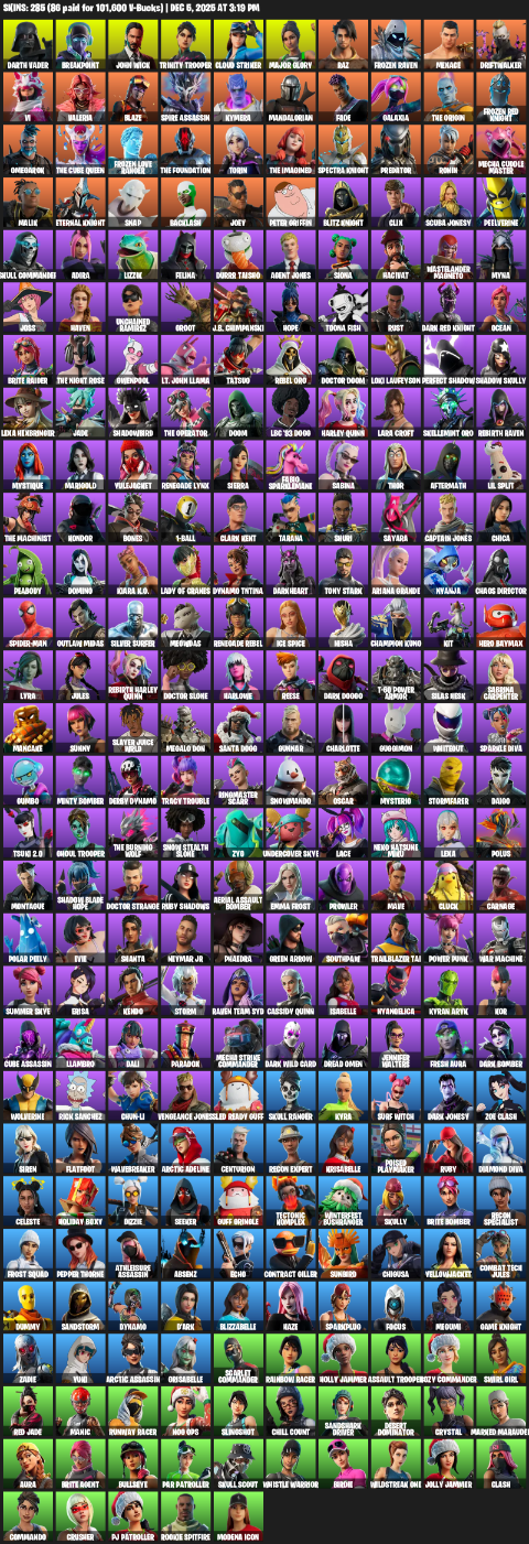 Fortnite Account ( PC / XBOX ) (Leviathan Axe, Lara Croft, Darth Vader, Breakpoint, John Wick, Trinity Trooper, Cloud Striker, Major Glory, Raz) (285 Skins)