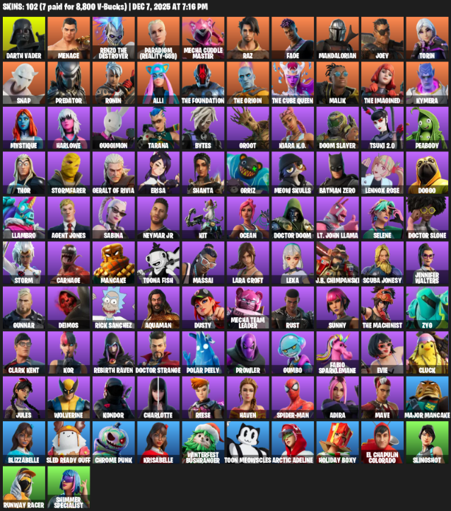 Fortnite Account ( PC / PLAYSTATION ) (Lara Croft, Darth Vader, Menace, Renzo the Destroyer, Paradigm (Reality-659), Mecha Cuddle Master, Raz, Fade) (102 Skins)