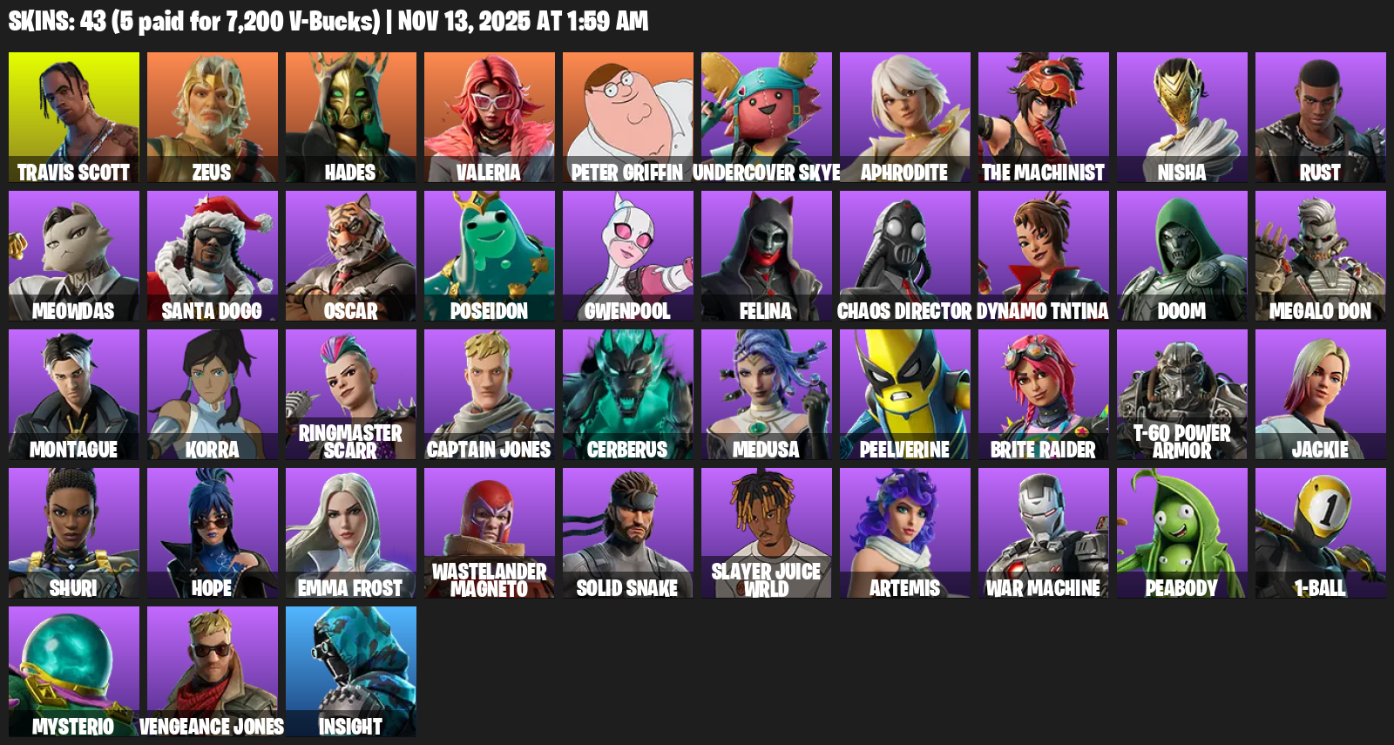 Fortnite Account ( PC / XBOX ) (Travis Scott, Zeus, Hades, Valeria, Peter Griffin, Undercover Skye, Aphrodite, The Machinist) (43 Skins)