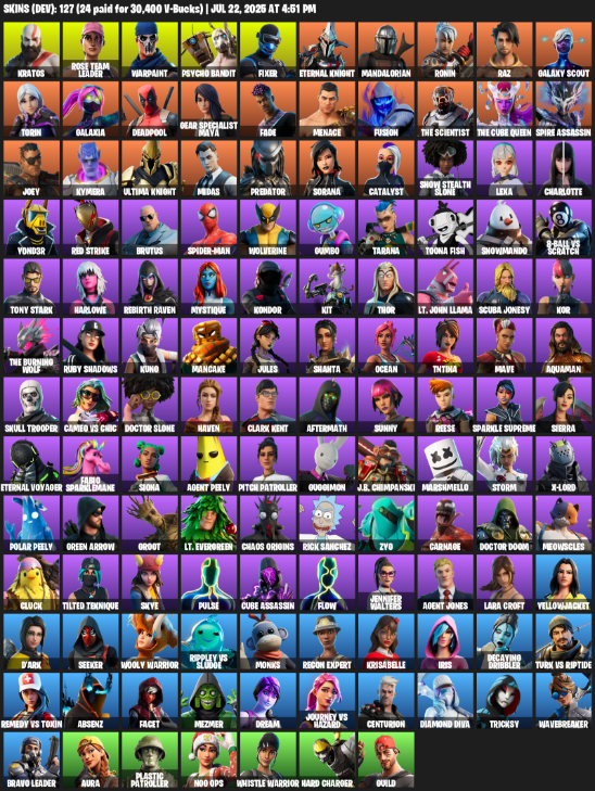 Fortnite Account ( PC / XBOX ) (OG STW, Lara Croft, Kratos, Rose Team Leader, Warpaint, Psycho Bandit, Fixer, Eternal Knight, Mandalorian) (127 Skins)