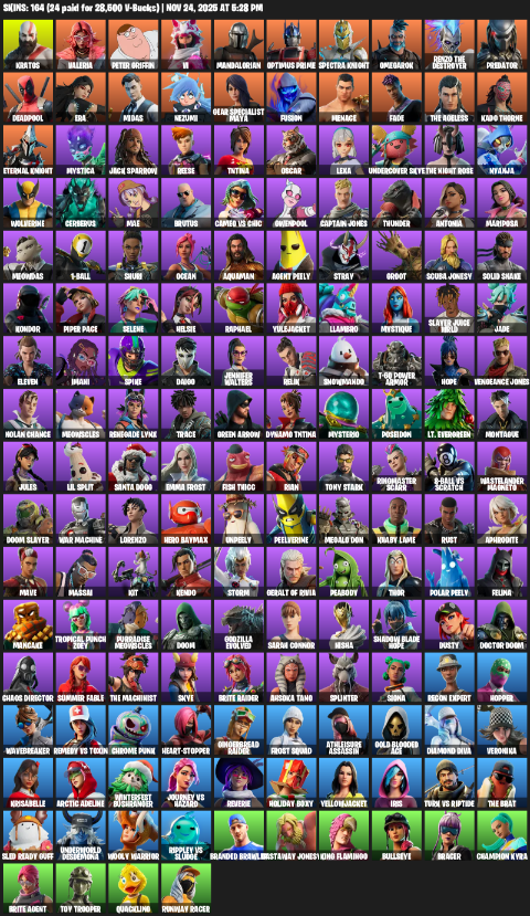 Fortnite Account ( PLAYSTATION / XBOX / PC ) (Leviathan Axe, Kratos, Valeria, Peter Griffin, Vi, Mandalorian, Optimus Prime, Spectra Knight, Omegarok) (164 Skins)