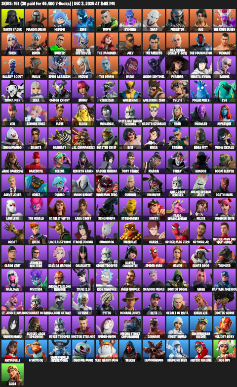 Fortnite Account ( PC / PLAYSTATION ) (Leviathan Axe, Lara Croft, Darth Vader, Mandalorian, Nezumi, Zero, Twyn, Kymera, Snap, Predator, Raz) (151 Skins)