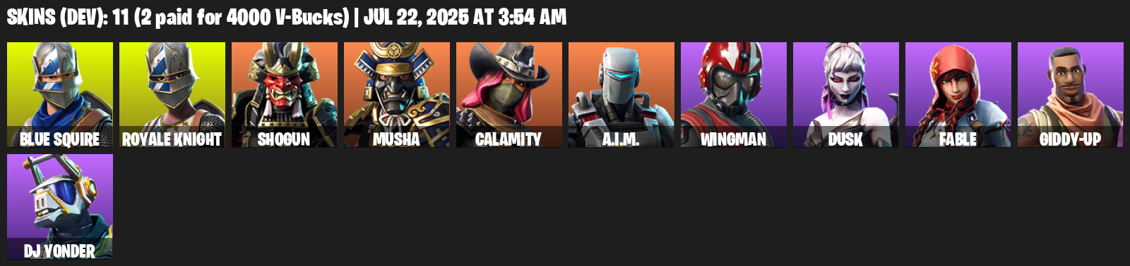 Fortnite Account ( XBOX / PC ) (Royale Knight, Blue Squire, Mako, Shogun, Musha, Calamity, A.I.M., Wingman, Dusk, Fable, Giddy-up) (11 Skins)
