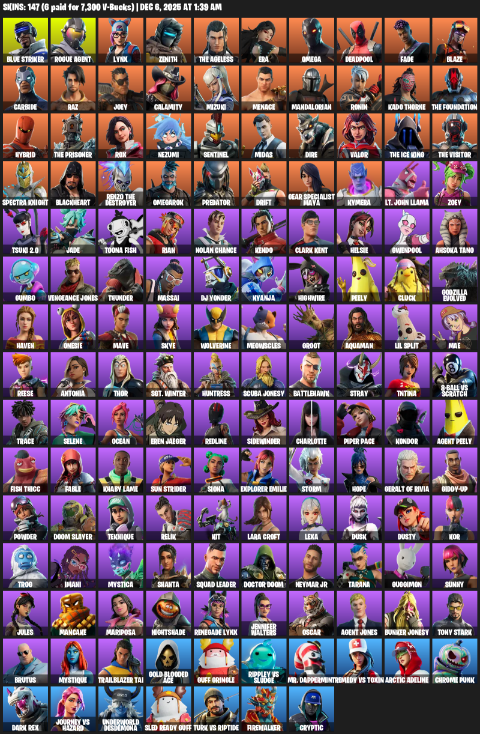 Fortnite Account ( PC / XBOX ) (Omega, Lara Croft, Blue Striker, Rogue Agent, Lynx, Zenith, The Ageless, Era, Deadpool, Fade, Blaze, Carbide) (147 Skins)