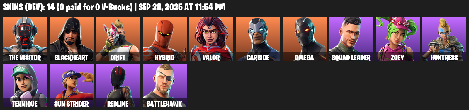 Fortnite Account ( PC / XBOX ) (Omega, The Visitor, Blackheart, Drift, Hybrid, Valor, Carbide, Squad Leader, Zoey, Huntress, Teknique) (14 Skins)