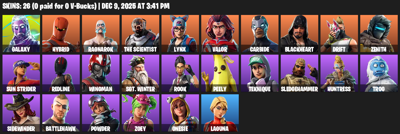 Fortnite Account ( PLAYSTATION / XBOX / PC ) (Galaxy, Hybrid, Ragnarok, The Scientist, Lynx, Valor, Carbide, Blackheart, Drift, Zenith, Sun Strider) (26 Skins)