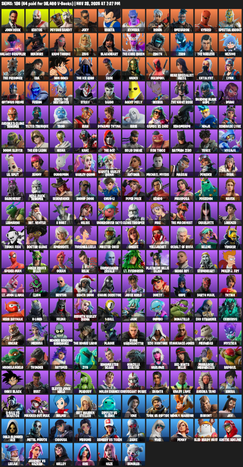 Fortnite Account ( PC / PLAYSTATION ) (Leviathan Axe, John Wick, Kratos, Psycho Bandit, Joey, Vegeta, Kymera, Ronin, Omegarok, Hybrid, Spectra Knight) (186 Skins)