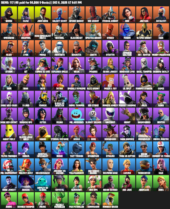 Fortnite Account ( PC ) (IKONIK, Glow, John Wick, Galaxy Scout, Spider Knight, Red Knight, Eternal Knight, Rox, Joltara, Catalyst, Omegarok) (117 Skins)