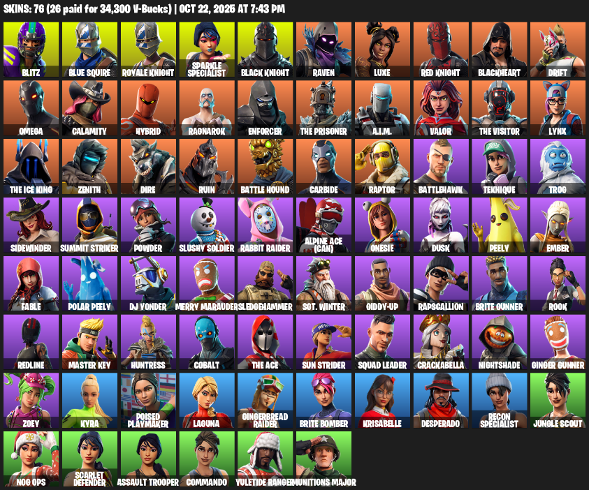 Fortnite Account ( PLAYSTATION / XBOX / PC ) (Floss, Black Knight, Sparkle Specialist, Royale Knight, Blue Squire, Omega, Blitz, Raven, Luxe, Red Knight) (76 Skins)