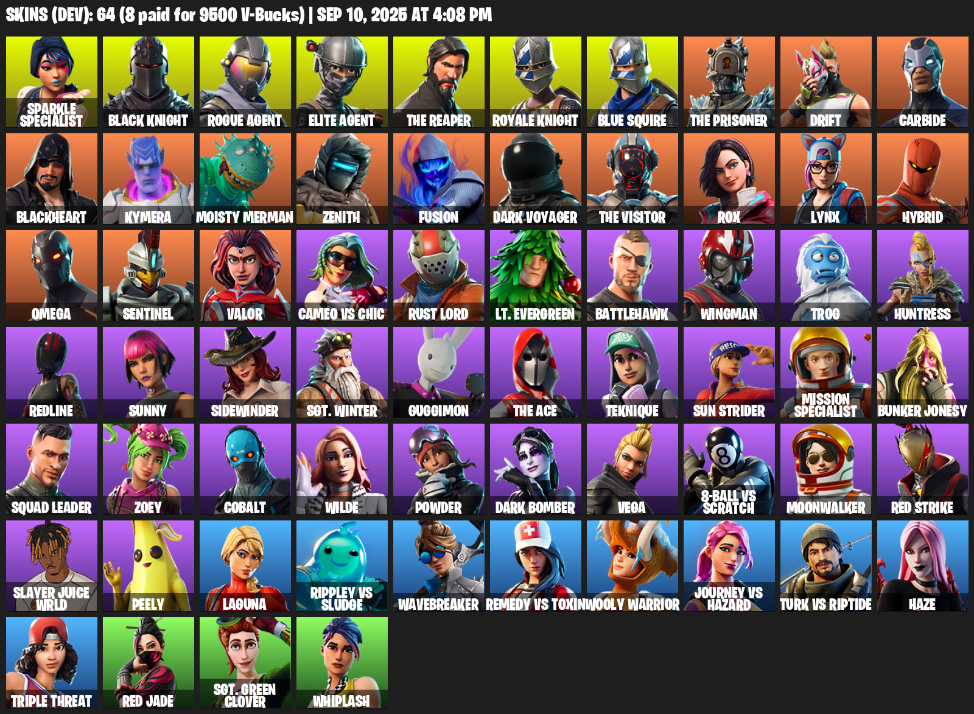 Fortnite Account ( PLAYSTATION / XBOX / PC ) (Take The L, Floss, Black Knight, Sparkle Specialist, Royale Knight, The Reaper, Elite Agent, Blue Squire) (64 Skins)