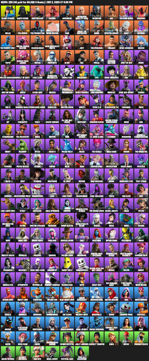 Fortnite Account ( PLAYSTATION / XBOX / PC ) (Lara Croft, Cloud Striker, Darth Vader, Driftwalker, Valeria, Omegarok, Paradigm (Reality-659), Predator) (236 Skins)