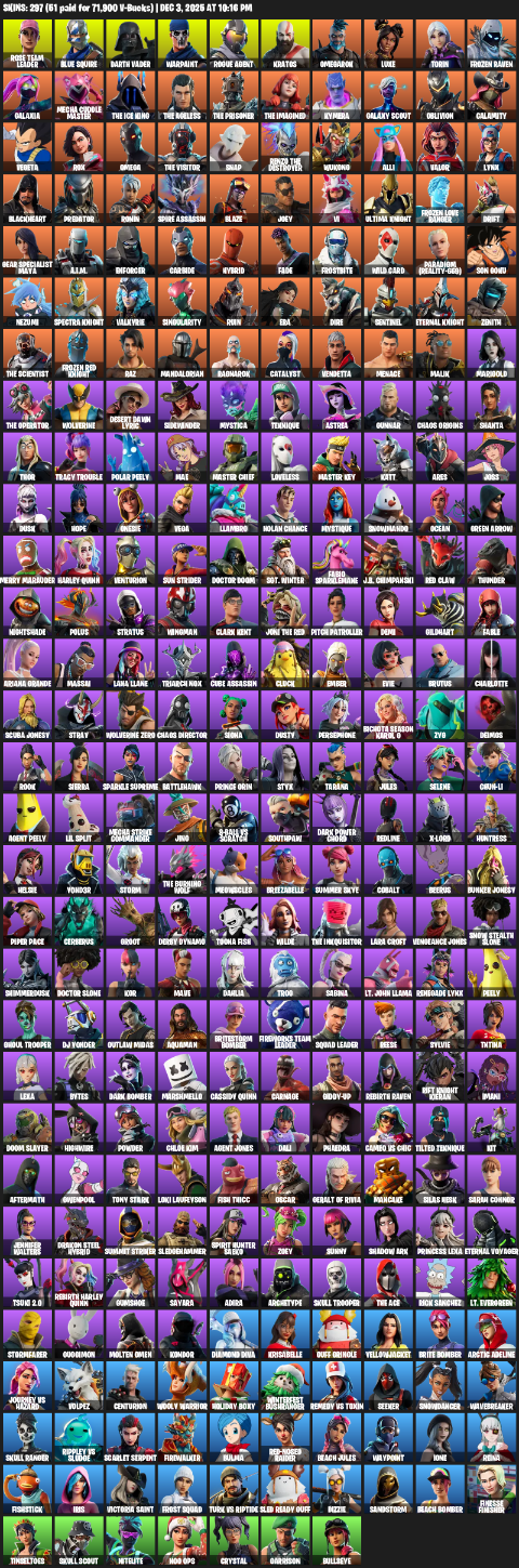 Fortnite Account ( PC / PLAYSTATION ) (Leviathan Axe, Blue Squire, Omega, Lara Croft, Rose Team Leader, Darth Vader, Warpaint, Rogue Agent) (297 Skins)
