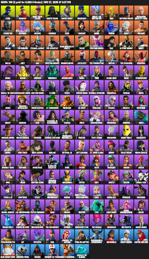Fortnite Account ( PLAYSTATION / XBOX / PC ) (OG STW, Lara Croft, Fixer, Prodigy, Rose Team Leader, Darth Vader, Rogue Agent, Warpaint) (166 Skins)