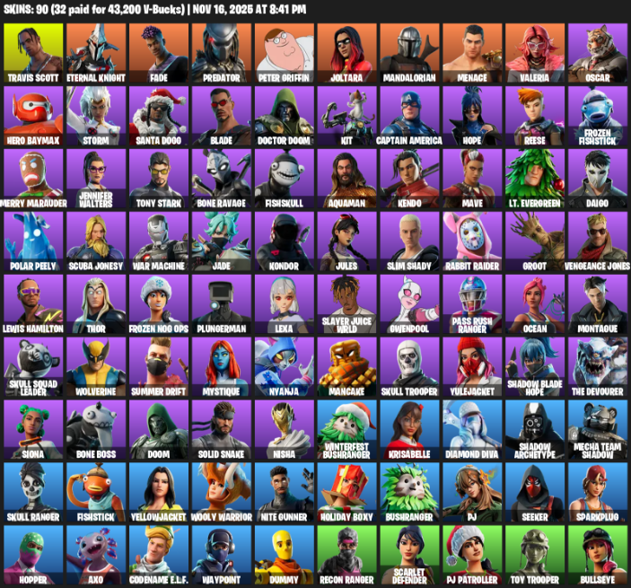 Fortnite Account ( PC / XBOX ) (Travis Scott, Eternal Knight, Fade, Predator, Peter Griffin, Joltara, Mandalorian, Menace, Valeria, Oscar) (90 Skins)