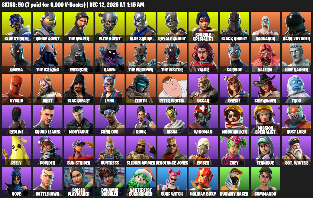 Fortnite Account ( PC / XBOX ) (Take The L, Floss, Black Knight, Sparkle Specialist, Royale Knight, The Reaper, Elite Agent) (59 Skins)