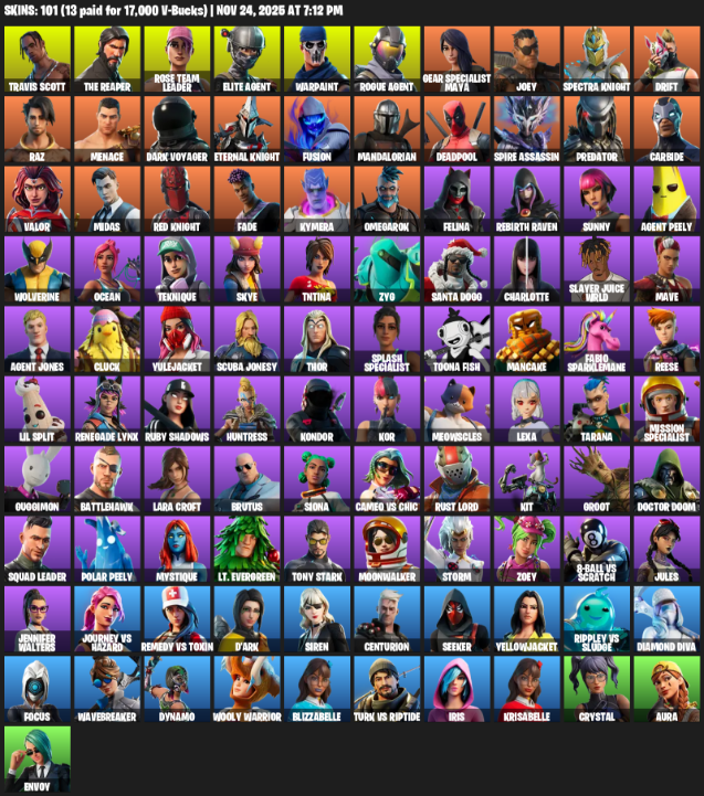 Fortnite Account ( PC / XBOX ) (Leviathan Axe, Take The L, OG STW, Travis Scott, The Reaper, Elite Agent, Lara Croft, Rose Team Leader, Warpaint, S4G) (101 Skins)