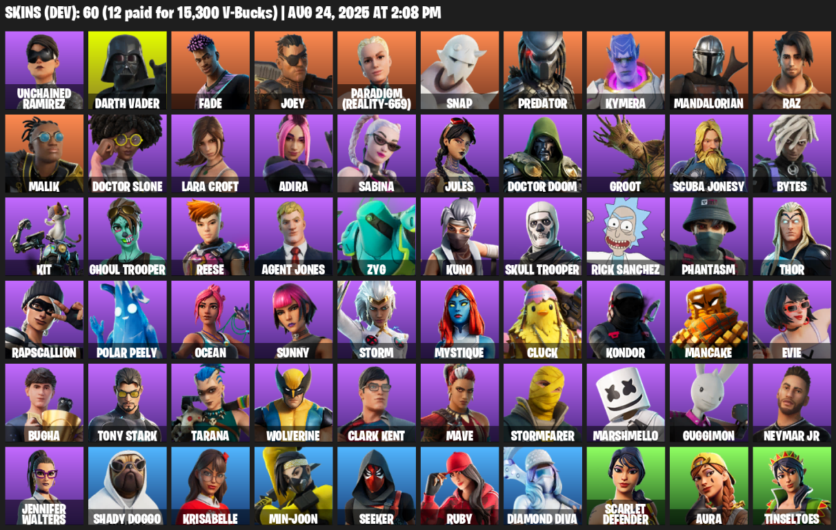 Fortnite Account ( PC / PLAYSTATION / XBOX ) (Lara Croft, Unchained Ramirez, Darth Vader, Fade, Joey, Paradigm (Reality-659), Snap, Predator, Kymera) (60 Skins)