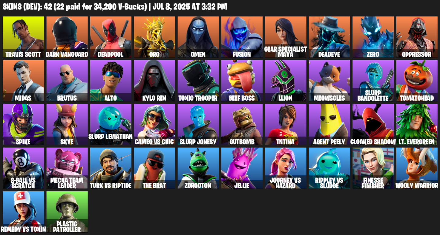Fortnite Account ( PLAYSTATION / XBOX / PC ) (Travis Scott, Dark Vanguard, Deadpool, Oro, Omen, Fusion, Gear Specialist Maya, Deadeye, Zero, Oppressor) (42 Skins)