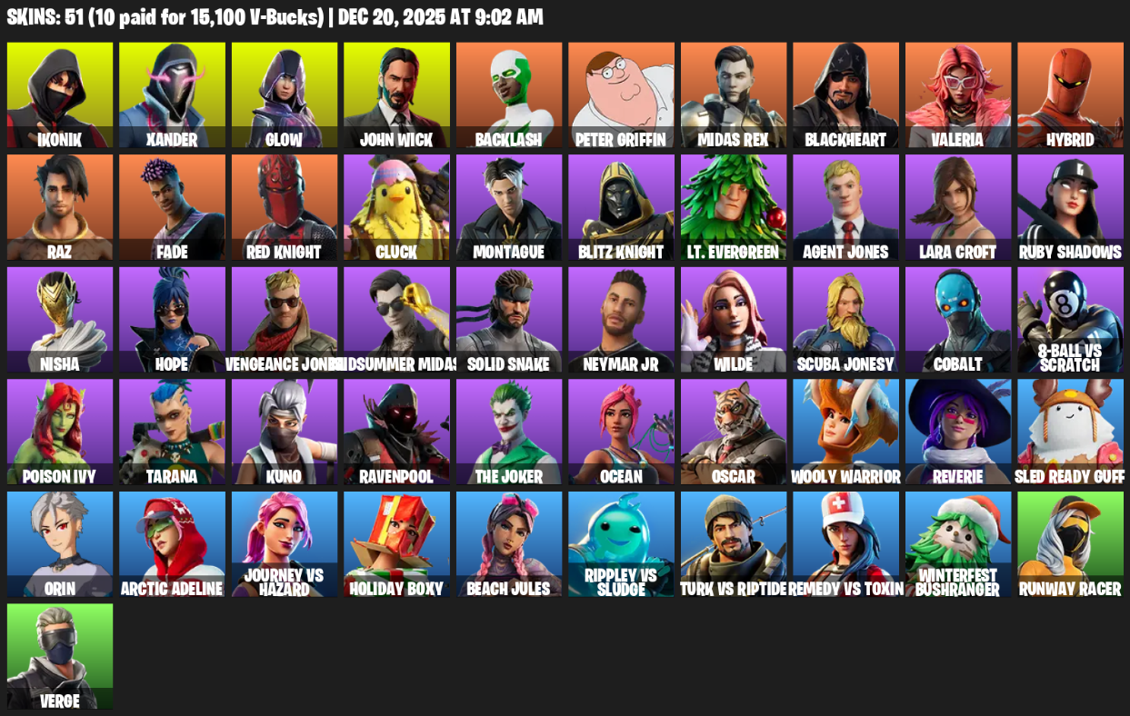Fortnite Account ( PC / PLAYSTATION ) (Leviathan Axe, IKONIK, Lara Croft, Xander, Glow, John Wick, Backlash, Peter Griffin, Midas Rex, Blackheart) (51 Skins)