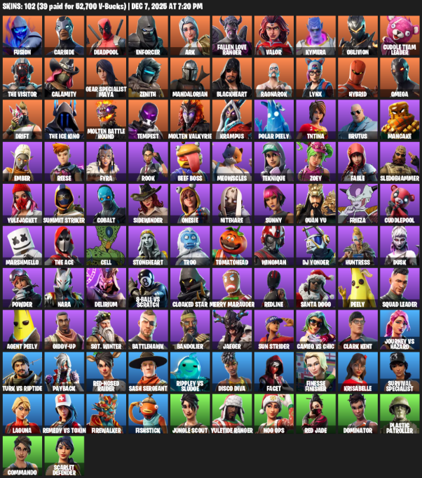 Fortnite Account ( PC / PLAYSTATION ) (Omega, Fusion, Carbide, Deadpool, Enforcer, Ark, Fallen Love Ranger, Valor, Kymera, Oblivion) (102 Skins)