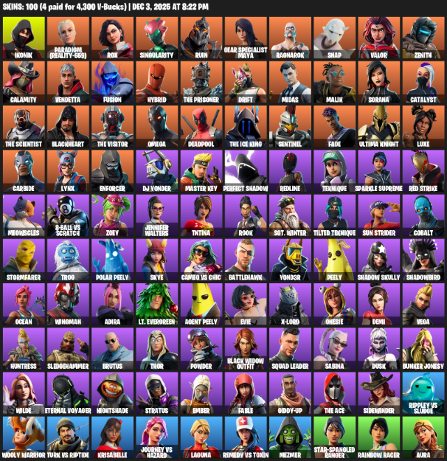 Fortnite Account ( XBOX / PC ) (IKONIK, Omega, Paradigm (Reality-659), Rox, Singularity, Ruin, Gear Specialist Maya, Ragnarok, Snap, Valor) (100 Skins)