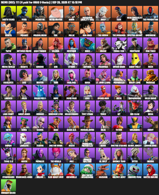 Fortnite Account ( PLAYSTATION / XBOX / PC ) (Lara Croft, Darth Vader, Fixer, Predator, Peter Griffin, Ronin, Paradigm (Reality-659), Snap, Fade) (111 Skins)