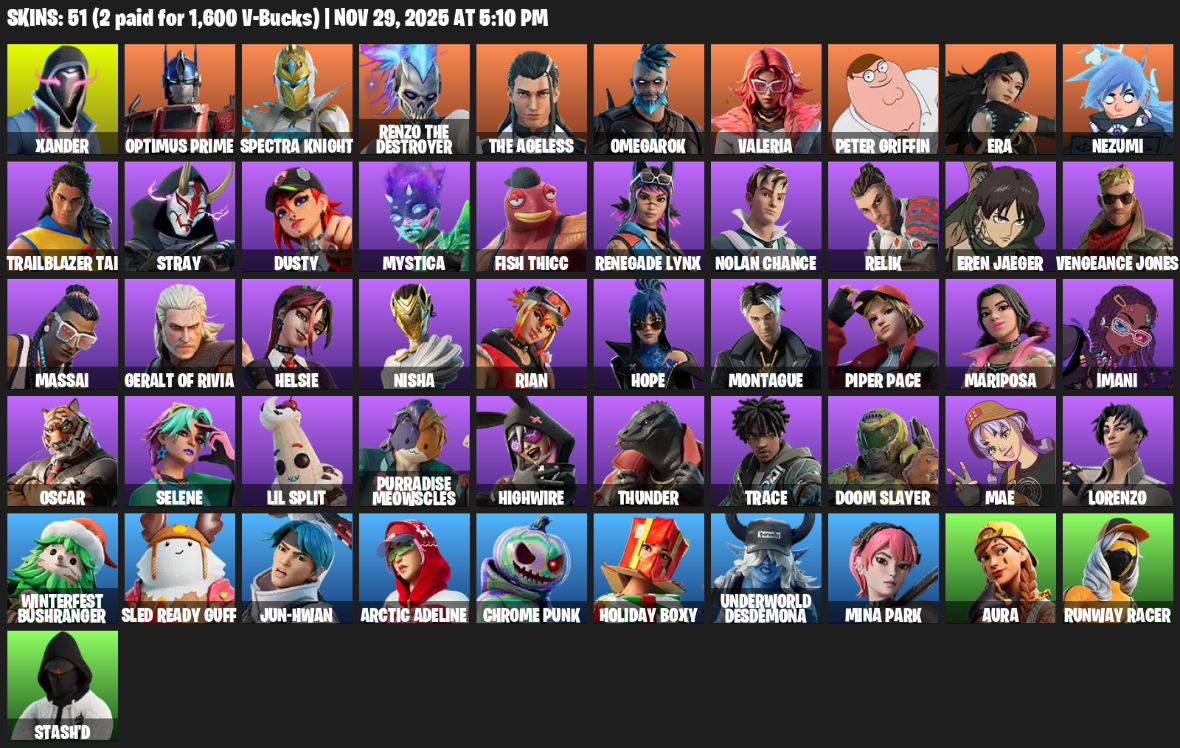 Fortnite Account ( PC / XBOX ) (Xander, Optimus Prime, Spectra Knight, Renzo the Destroyer, The Ageless, Omegarok, Valeria, Peter Griffin, Era) (51 Skins)