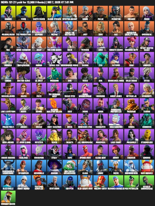 Fortnite Account ( PLAYSTATION / XBOX / PC ) (Lara Croft, Xander, Fixer, Darth Vader, Cloud Striker, Spectra Knight, Ronin, Malik, Predator, Menace) (121 Skins)