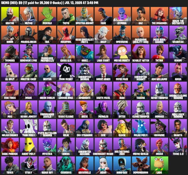 Fortnite Account ( PLAYSTATION / XBOX / PC ) (Leviathan Axe, Lara Croft, Kratos, Mizuki, Piccolo, Twyn, Spectra Knight, Fade, Kymera, Raz, The Imagined) (89 Skins)