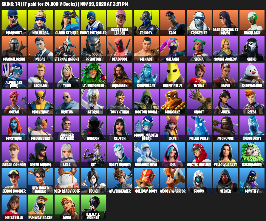 Fortnite Account ( PC ) (Leviathan Axe, OG STW, Warpaint, Neo Versa, Cloud Striker, Point Patroller, Rose Team Leader, Trilogy, Fade) (74 Skins)