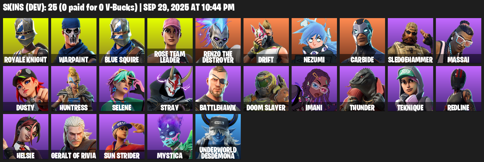 Fortnite Account ( PLAYSTATION / XBOX / PC ) (OG STW, Royale Knight, Blue Squire, Warpaint, Rose Team Leader, Renzo the Destroyer, Drift, Nezumi, Carbide) (25 Skins)