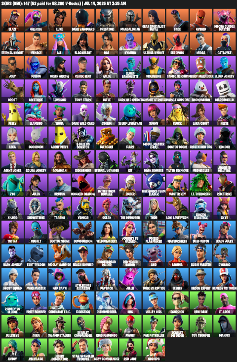 Fortnite Account ( PLAYSTATION / XBOX / PC ) (Leviathan Axe, Lara Croft, Blaze, Galaxia, Luxe, Dark Vanguard, Predator, Mandalorian, Gear Specialist Maya) (147 Skins)