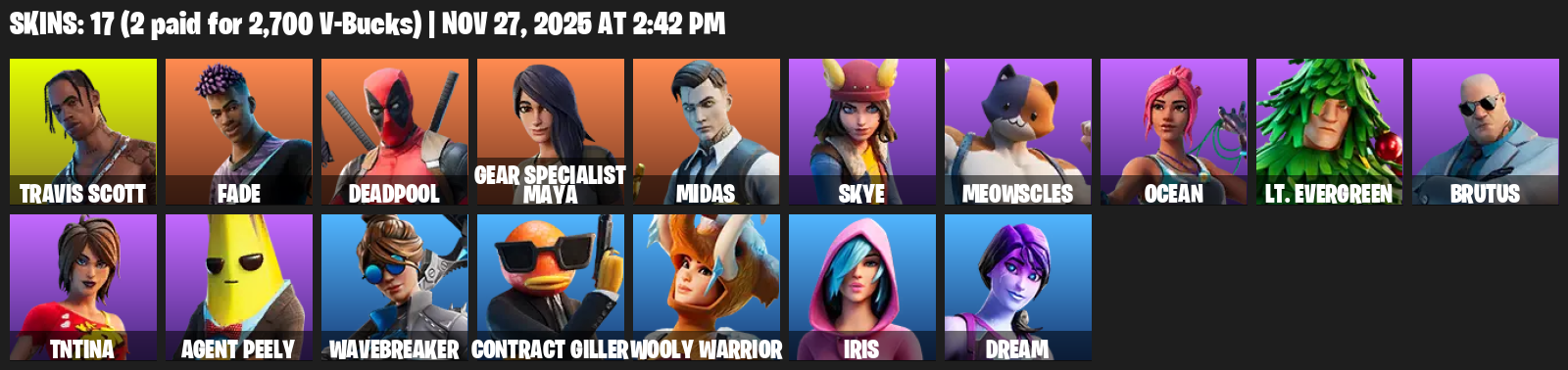 Fortnite Account ( PLAYSTATION / XBOX / PC ) (Travis Scott, Fade, Deadpool, Gear Specialist Maya, Midas, Skye, Meowscles, Ocean, Lt. Evergreen, Brutus) (17 Skins)