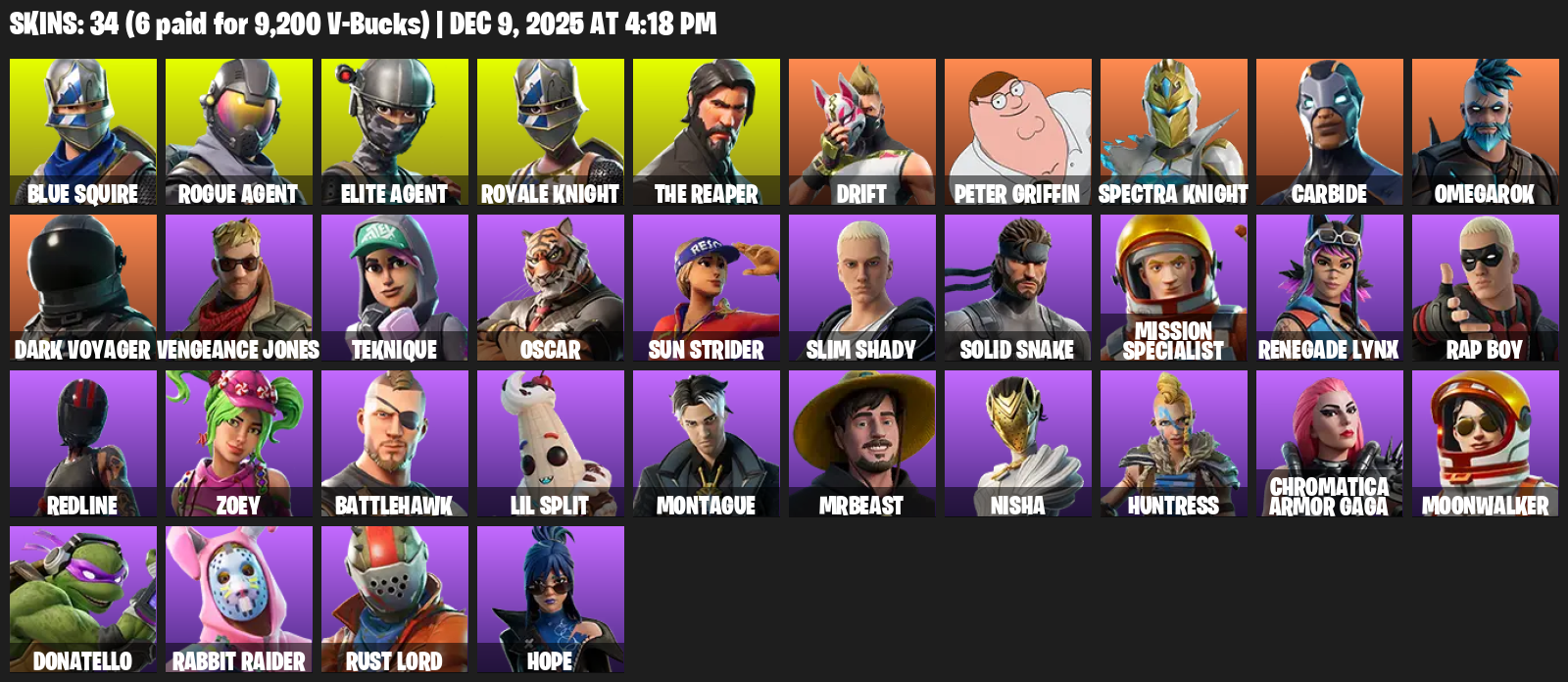 Fortnite Account ( PC / PLAYSTATION ) (Take The L, Royale Knight, The Reaper, Elite Agent, Blue Squire, Rogue Agent, Drift, Peter Griffin, Spectra Knight) (34 Skins)