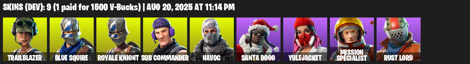 Fortnite Account ( PLAYSTATION / XBOX / PC ) (Take The L, Royale Knight, Blue Squire, Trailblazer, Sub Commander, Havoc, Santa Dogg, Yulejacket) (9 Skins)