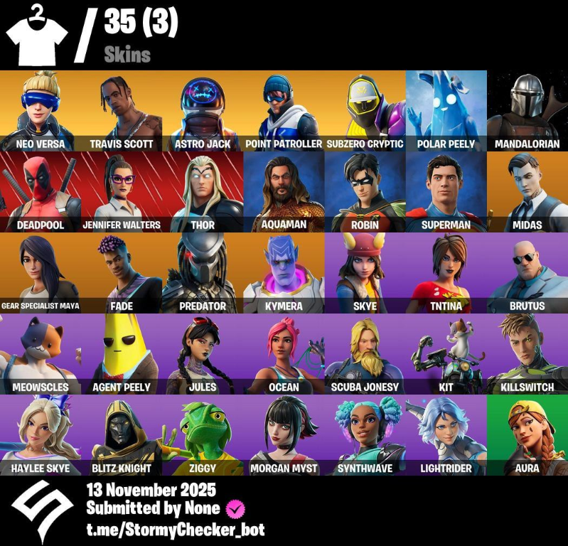 Fortnite Account ( PC / XBOX ) (Neo Versa, Travis Scott, Astro Jack, Subzero Cryptic, Point Patroller, Synaptic Hatchets, Default Pickaxe, Sea Bobber) (35 Skins)