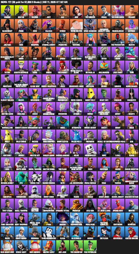 Fortnite Account ( PLAYSTATION / XBOX / PC ) (Leviathan Axe, Lara Croft, Xander, Kratos, Valeria, Joey, Raz, Rox, The Ageless, Midas) (177 Skins)