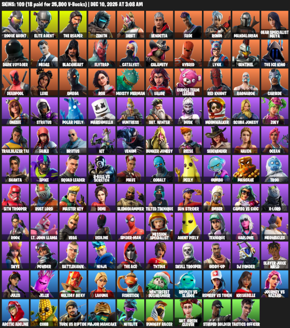 Fortnite Account ( PC / PLAYSTATION ) (Take The L, The Reaper, Elite Agent, Omega, Rogue Agent, Zenith, Drift, Vendetta, Fade, Ronin) (109 Skins)