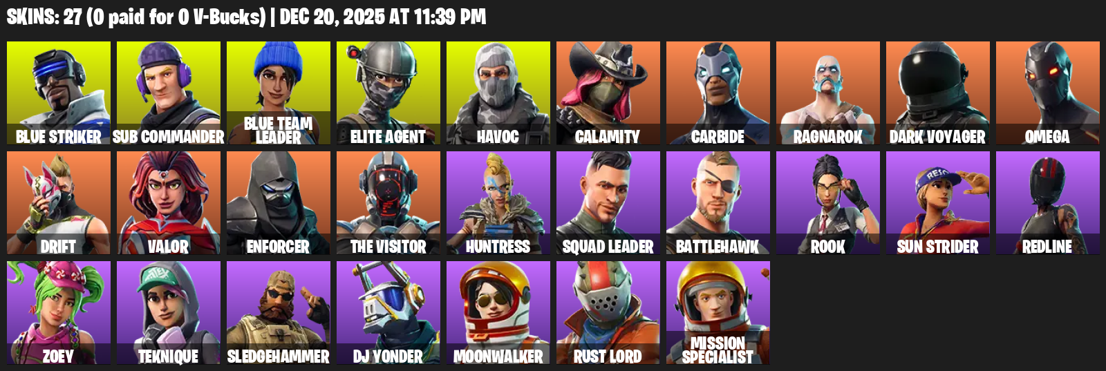 Fortnite Account ( PC / XBOX ) (Take The L, Elite Agent, Omega, Blue Striker, Sub Commander, Blue Team Leader, Havoc, Calamity, Carbide) (27 Skins)