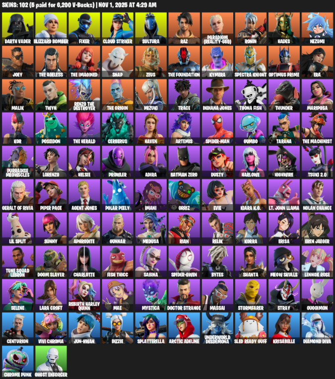 Fortnite Account ( PLAYSTATION / XBOX / PC ) (Lara Croft, Darth Vader, Blizzard Bomber, Fixer, Cloud Striker, Sultura, Raz, Paradigm (Reality-659), Ronin) (102 Skins)