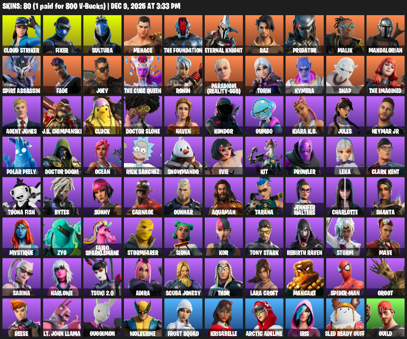 Fortnite Account ( PC / XBOX ) (Lara Croft, Cloud Striker, Fixer, Sultura, Menace, The Foundation, Eternal Knight, Raz, Predator, Malik) (80 Skins)