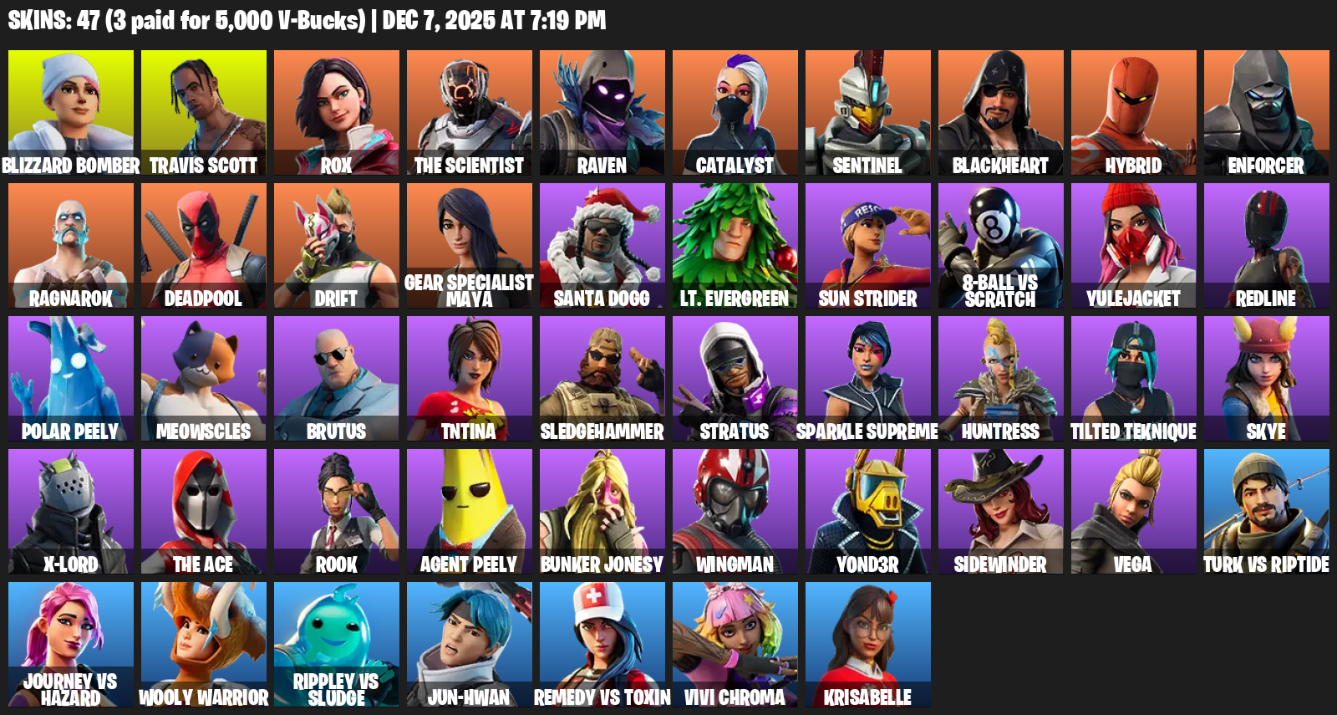 Fortnite Account ( PC / XBOX ) (Travis Scott, Blizzard Bomber, Rox, The Scientist, Raven, Catalyst, Sentinel, Blackheart, Hybrid, Enforcer) (47 Skins)