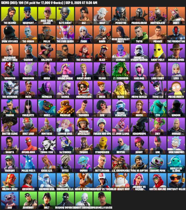 Fortnite Account ( PLAYSTATION / XBOX / PC ) (Take The L, OG STW, The Reaper, Elite Agent, Lara Croft, Warpaint, Rose Team Leader, Raz, Snap, Predator) (106 Skins)