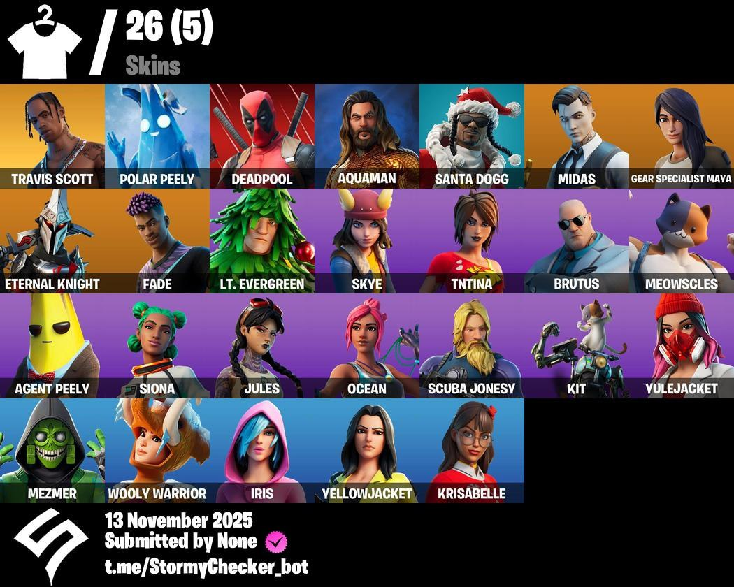 Fortnite Account ( PC ) (Travis Scott, Santa Dogg, Yulejacket, Mezmer, Lt. Evergreen, Default Pickaxe, Dogg Treat, pickaxe_almondsplash_bass, S12-Badge-3) (26 Skins)