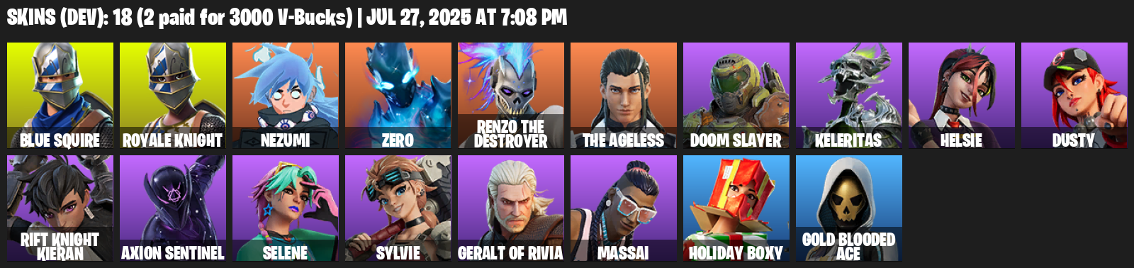 Fortnite Account ( PLAYSTATION / XBOX / PC ) (Royale Knight, Blue Squire, Nezumi, Zero, Renzo the Destroyer, The Ageless, Doom Slayer, Keleritas, Helsie) (18 Skins)