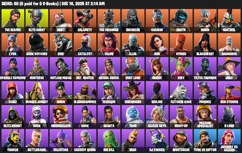 Fortnite Account ( PLAYSTATION / XBOX / PC ) (Take The L, The Reaper, Elite Agent, Drift, Calamity, The Prisoner, Enforcer, Carbide, Zenith, Ronin) (60 Skins)